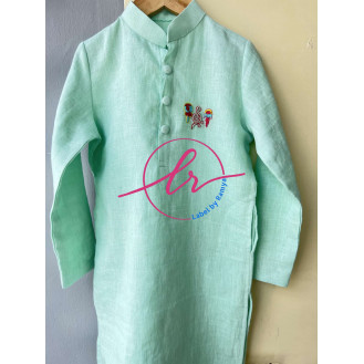 Sea green lenin kurtha with customised embroidery